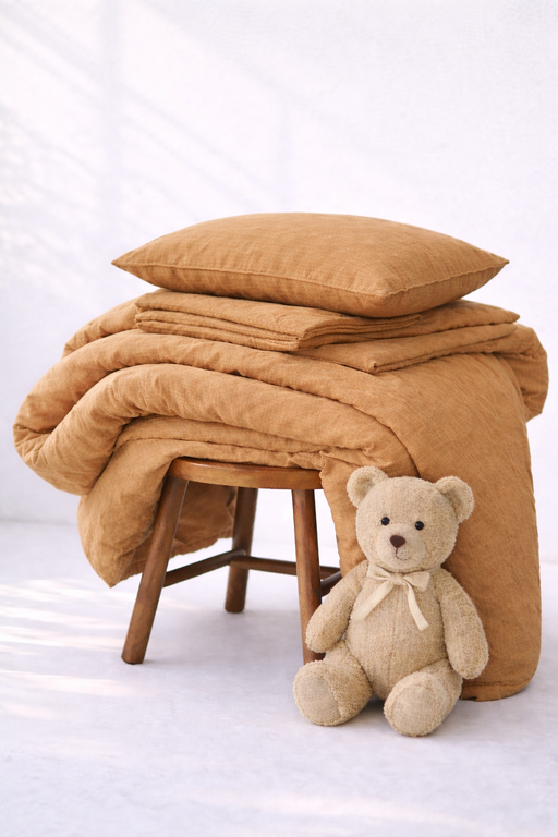 Lniany komplet pościeli dziecięcej - karmel, suwak